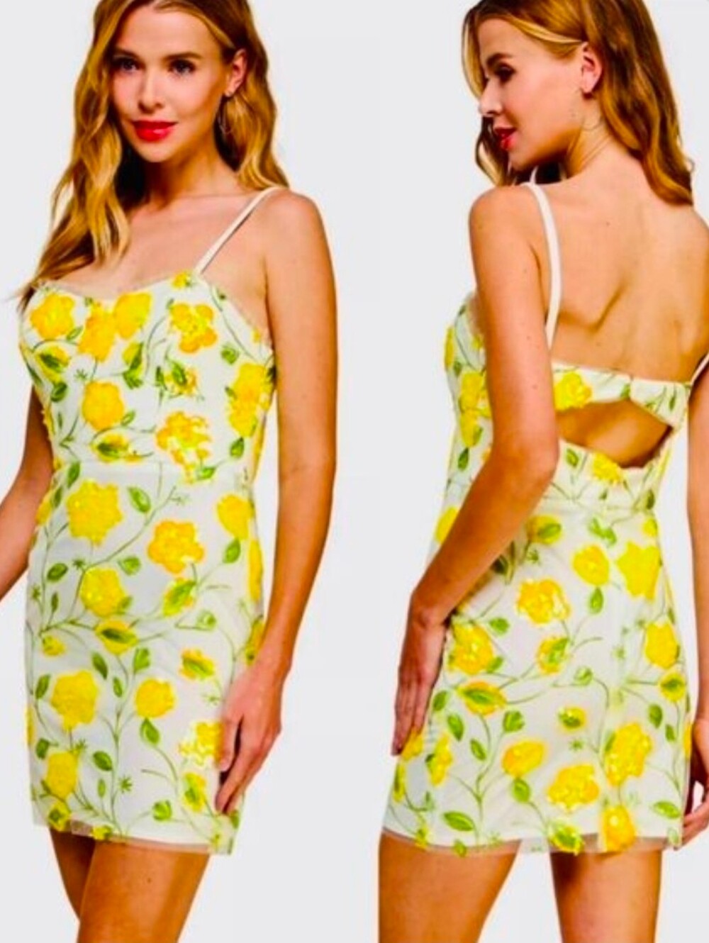 Morgan & Co. NWT Butter Yellow Floral Sequin Mini Dress Size 1